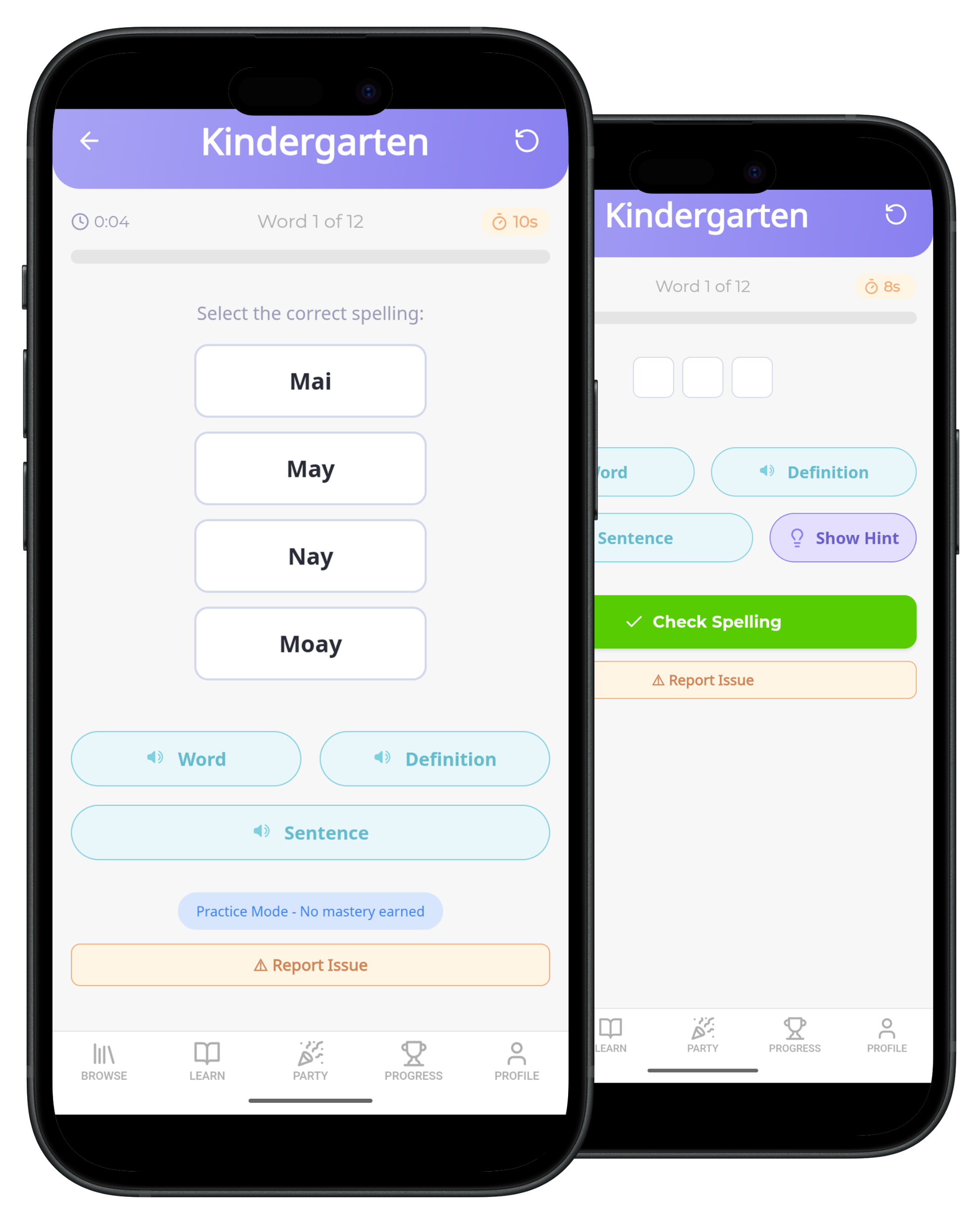 Spell Again app showing multiple choice and type-it-out practice modes