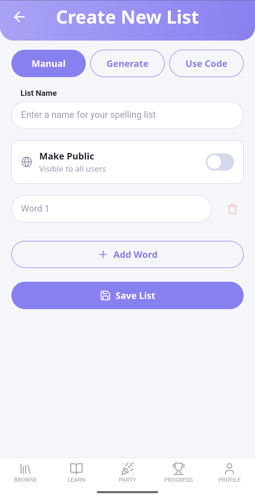 Create a new spelling list with custom words