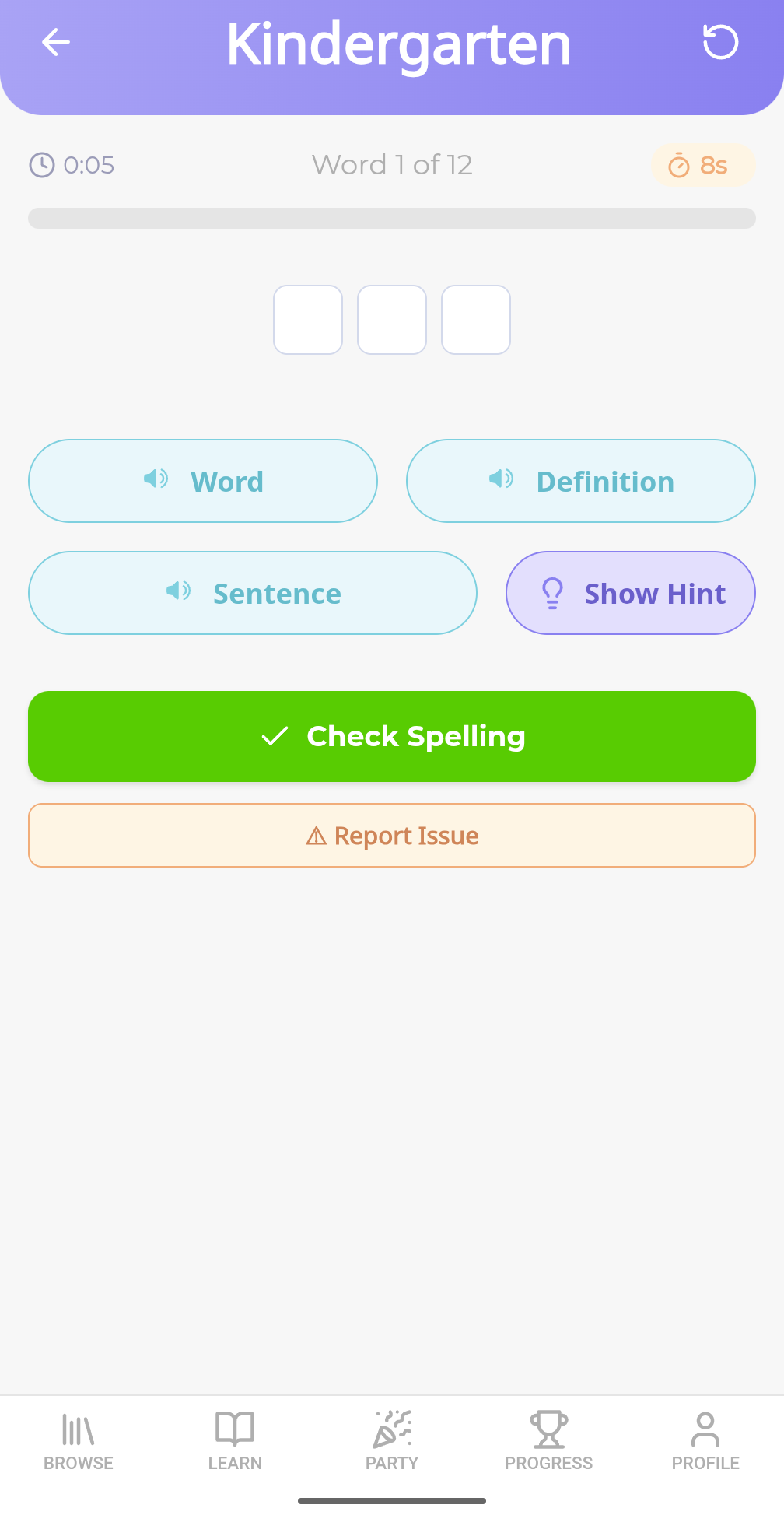 Spell mode with timer and audio buttons