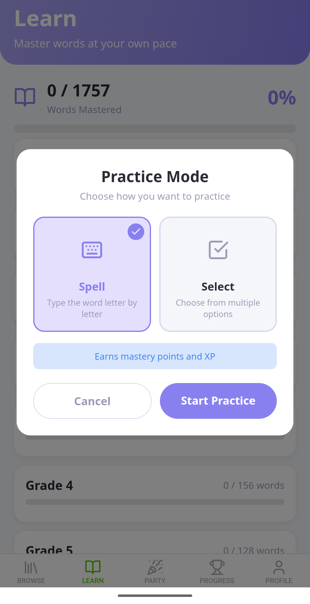 Practice mode selection - Spell or Select