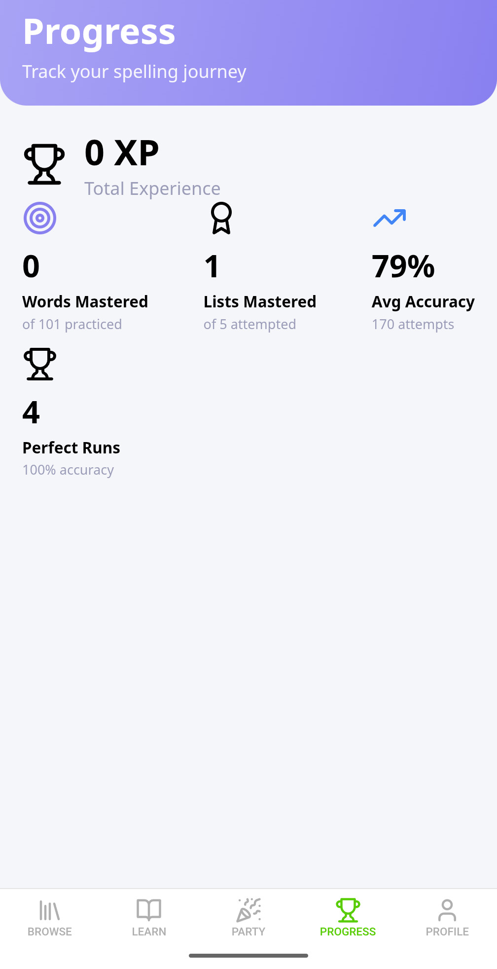 Progress tracking with XP, mastery stats, and accuracy